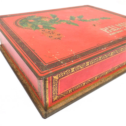 Antique Red & Gold Hinged-Lid Tin Humidor by PALL MALL FAMOUS CIGARETTES: Rare Holly-Jolly Christmas Edition