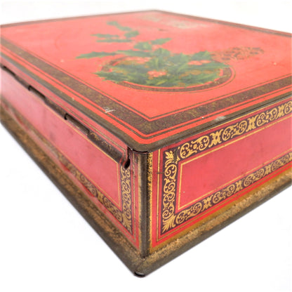 Antique Red & Gold Hinged-Lid Tin Humidor by PALL MALL FAMOUS CIGARETTES: Rare Holly-Jolly Christmas Edition