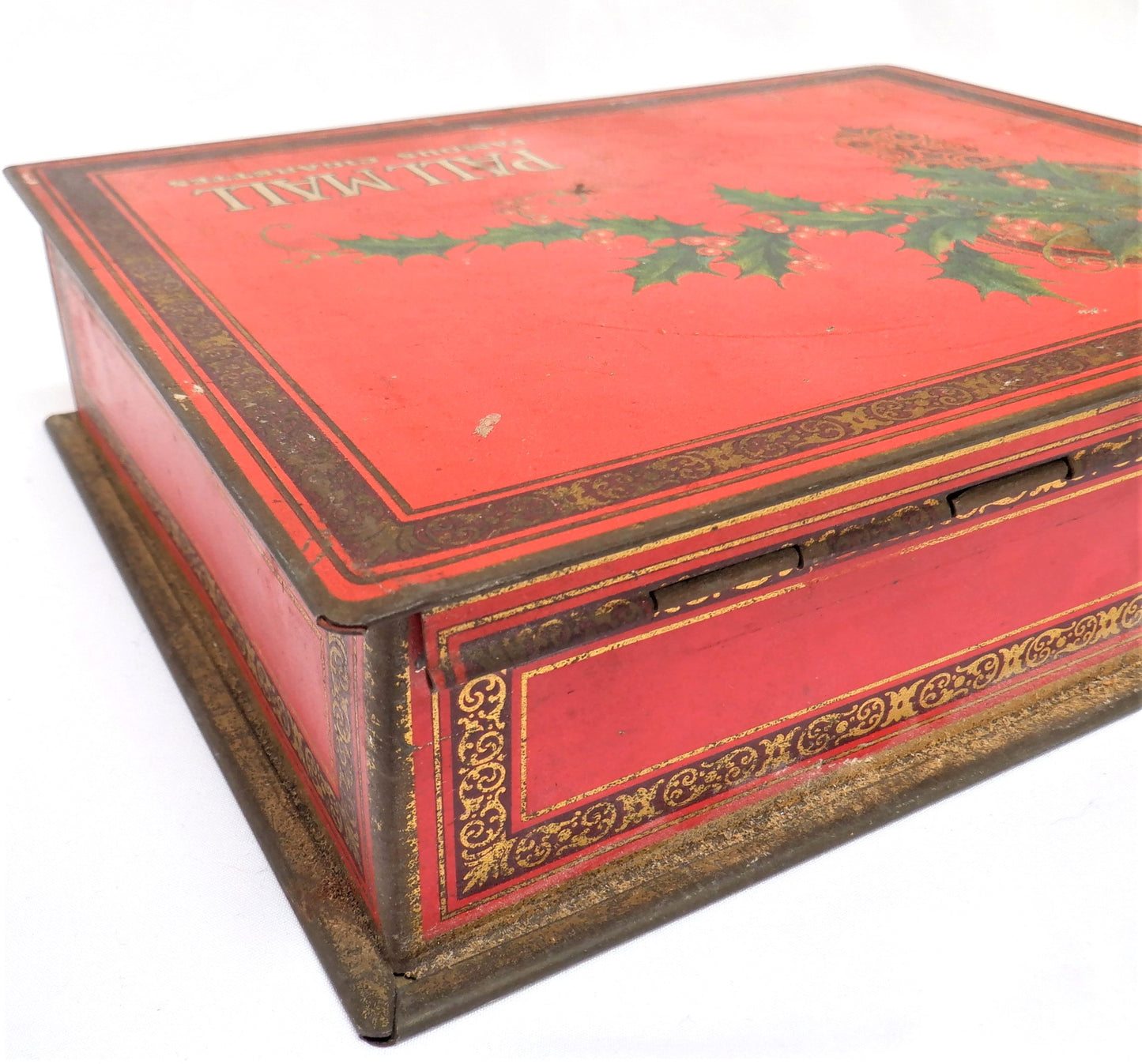 Antique Red & Gold Hinged-Lid Tin Humidor by PALL MALL FAMOUS CIGARETTES: Rare Holly-Jolly Christmas Edition