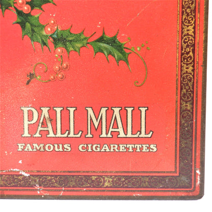 Antique Red & Gold Hinged-Lid Tin Humidor by PALL MALL FAMOUS CIGARETTES: Rare Holly-Jolly Christmas Edition