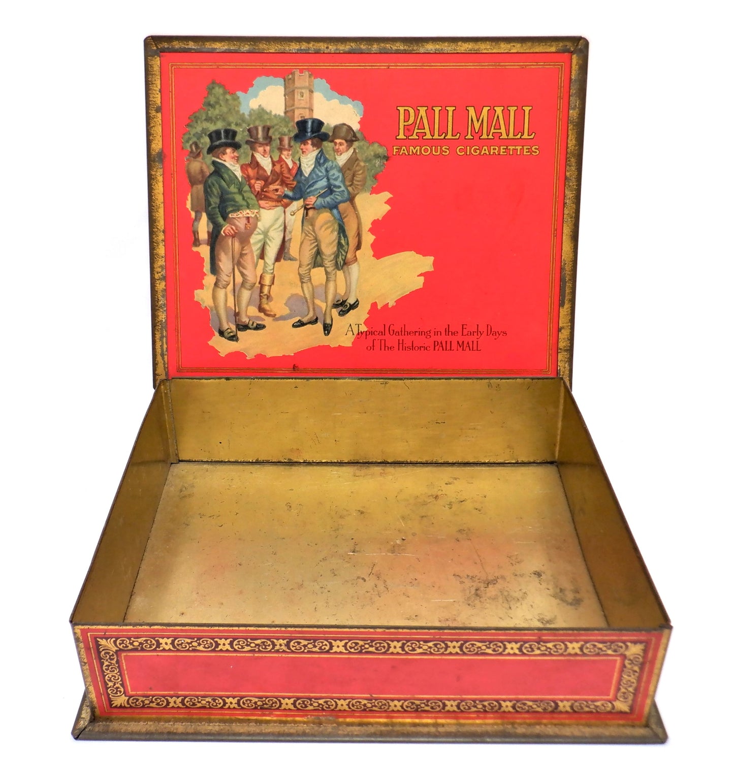 Antique Red & Gold Hinged-Lid Tin Humidor by PALL MALL FAMOUS CIGARETTES: Rare Holly-Jolly Christmas Edition