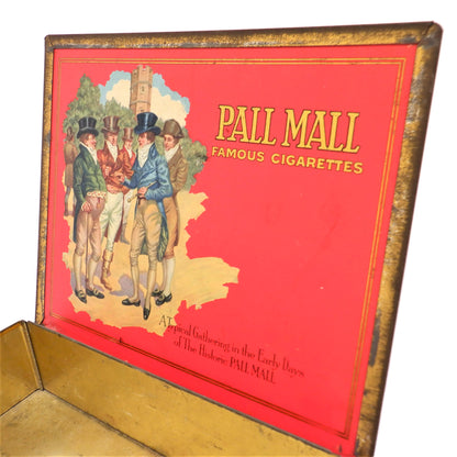 Antique Red & Gold Hinged-Lid Tin Humidor by PALL MALL FAMOUS CIGARETTES: Rare Holly-Jolly Christmas Edition