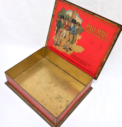 Antique Red & Gold Hinged-Lid Tin Humidor by PALL MALL FAMOUS CIGARETTES: Rare Holly-Jolly Christmas Edition