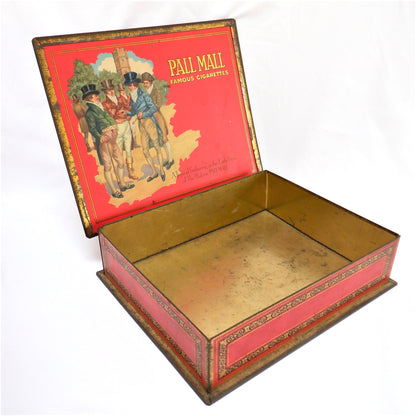 Antique Red & Gold Hinged-Lid Tin Humidor by PALL MALL FAMOUS CIGARETTES: Rare Holly-Jolly Christmas Edition