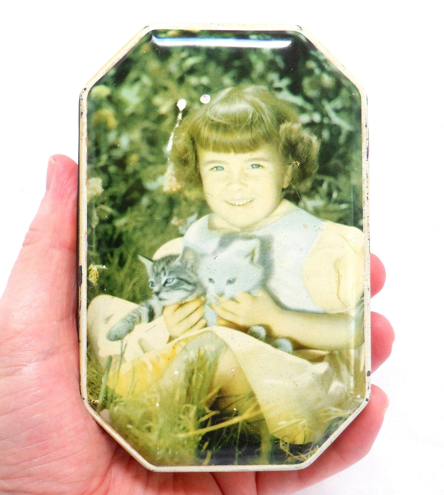 Vintage Collectible Tin Container: 'LITTLE GIRL WITH TWO KITTENS'