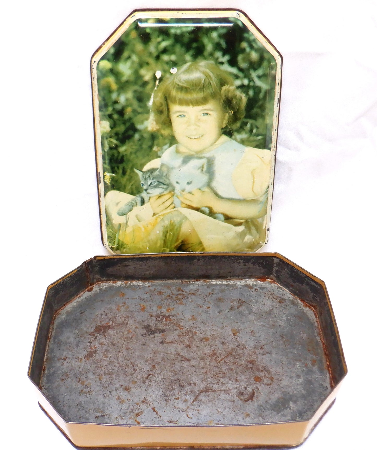 Vintage Collectible Tin Container: 'LITTLE GIRL WITH TWO KITTENS'