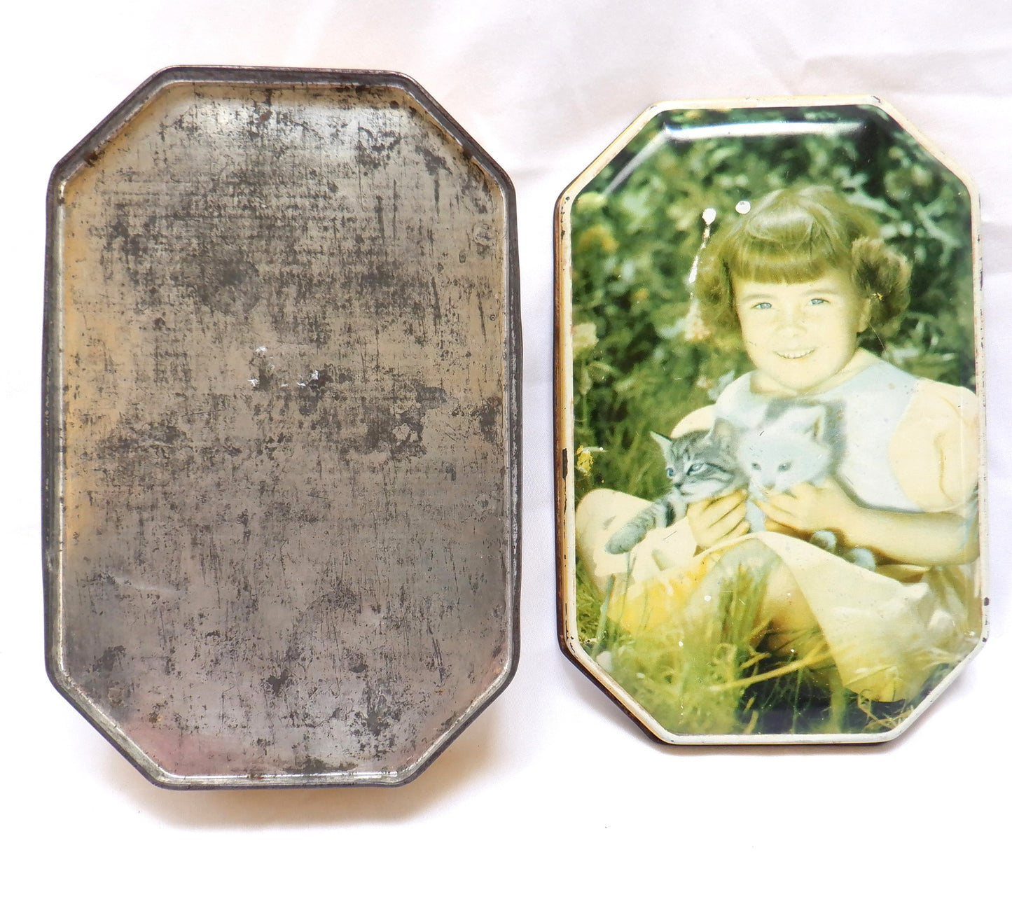 Vintage Collectible Tin Container: 'LITTLE GIRL WITH TWO KITTENS'