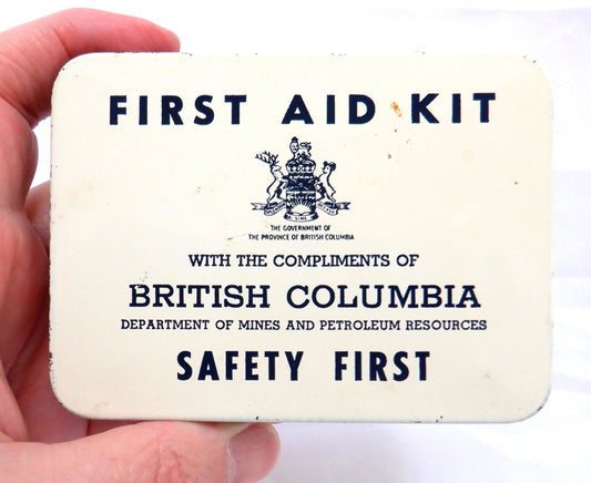 RARE VINTAGE POCKET TIN FIRST AID KIT: Compliments of British Columbia Department of Mines and Petroleum Resources, Pre-1975