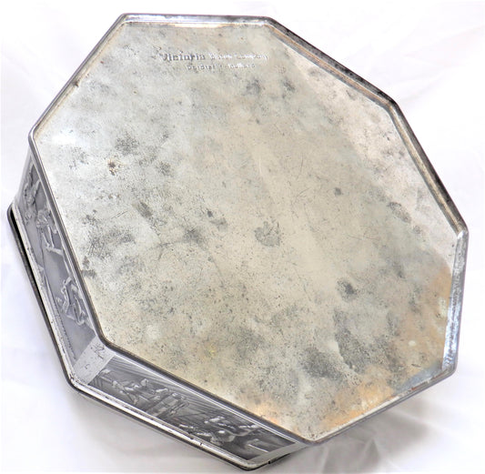"ONE TALL SHIP" Rare Octagon Hinged-Lid Vintage Tin Container by Victoria Biscuit Company of Holland.