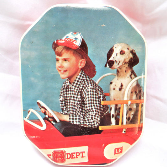 Vintage 1950's Adorable Tin by Rogall's Limited of England: 'THE YOUNG FIREMAN AND HIS TRUSTY DALMATION COMPANION'