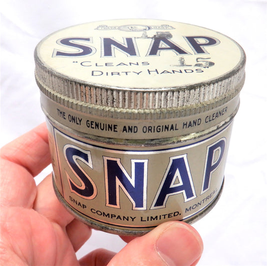 SNAP! "Cleans Dirty Hands", An Antique Tin Pull-Off-Top Container, Made in CANADA