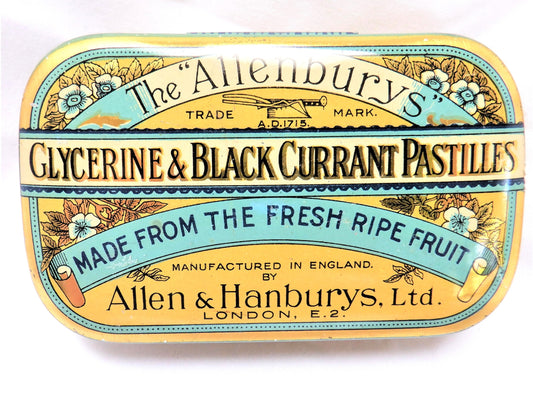 Antique Hinged-Lid Tin Container by Allenburys: 'GLYCERINE & BLACK CURRANT PASTILLES', 1940's