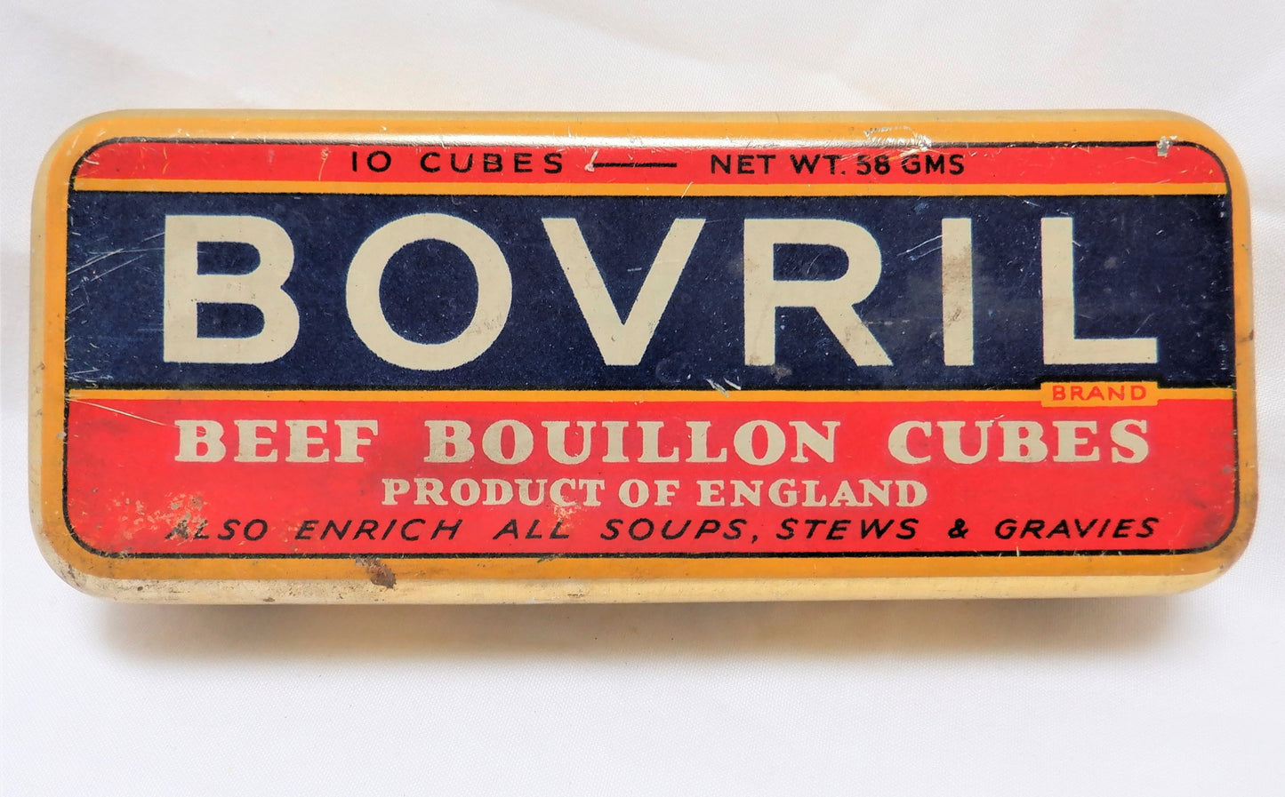 Vintage Tin Can Kitchen Container: 'BOVRIL BRAND BOUILLON CUBES', Large Size