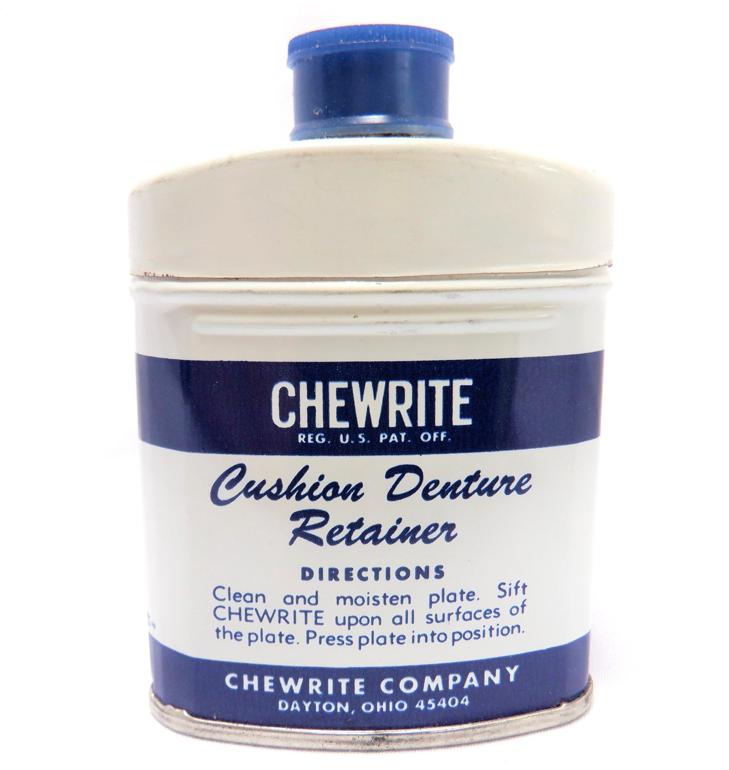 CHEWRITE COMPANY of Dayton, Ohio: Vintage DENTURE POWDER Shaker Tin