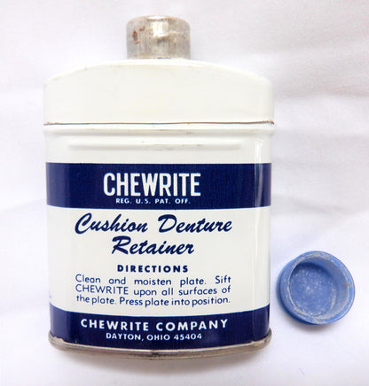 CHEWRITE COMPANY of Dayton, Ohio: Vintage DENTURE POWDER Shaker Tin