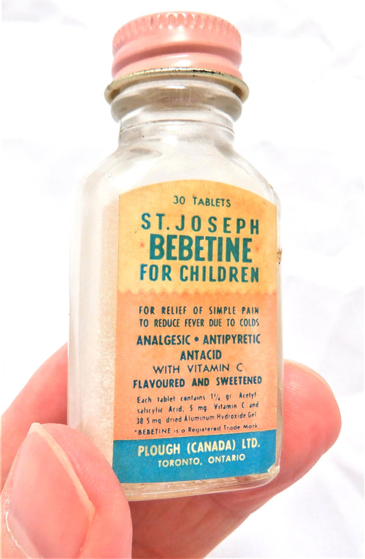 ST. JOSEPH BEBETINE TABLETS FOR CHILDREN, A Pretty Mid-Century Glass Bottle Made in CANADA