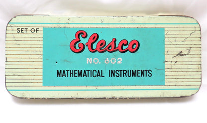 Vintage 1970's Tin Container and Original Contents: 'ELESCO NO. 602 SET OF MATHEMATICAL INSTRUMENTS', Made in Japan