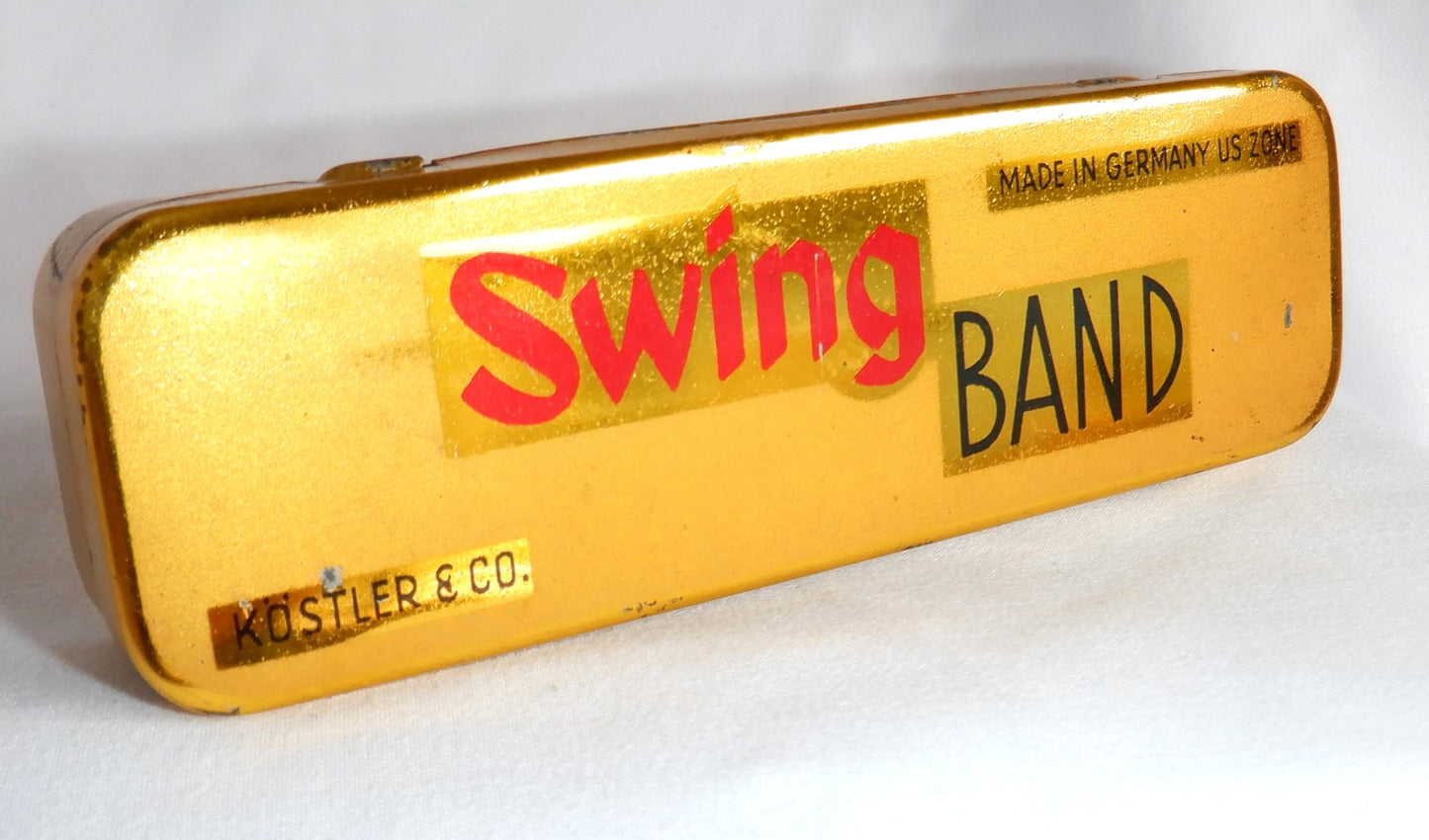 VINTAGE Post-WW2 Musical Instrument Tin Container by Kustler & Company: 'SWING BAND HARMONICA'