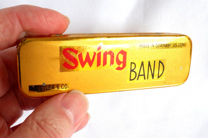 VINTAGE Post-WW2 Musical Instrument Tin Container by Kustler & Company: 'SWING BAND HARMONICA'