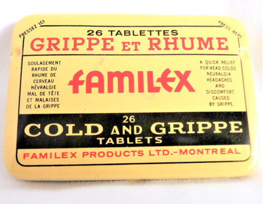 FAMILEX COLD AND GRIPPE TABLETS, A Vintage Tin Pocket Container by Familex Products of Montreal, Quebec