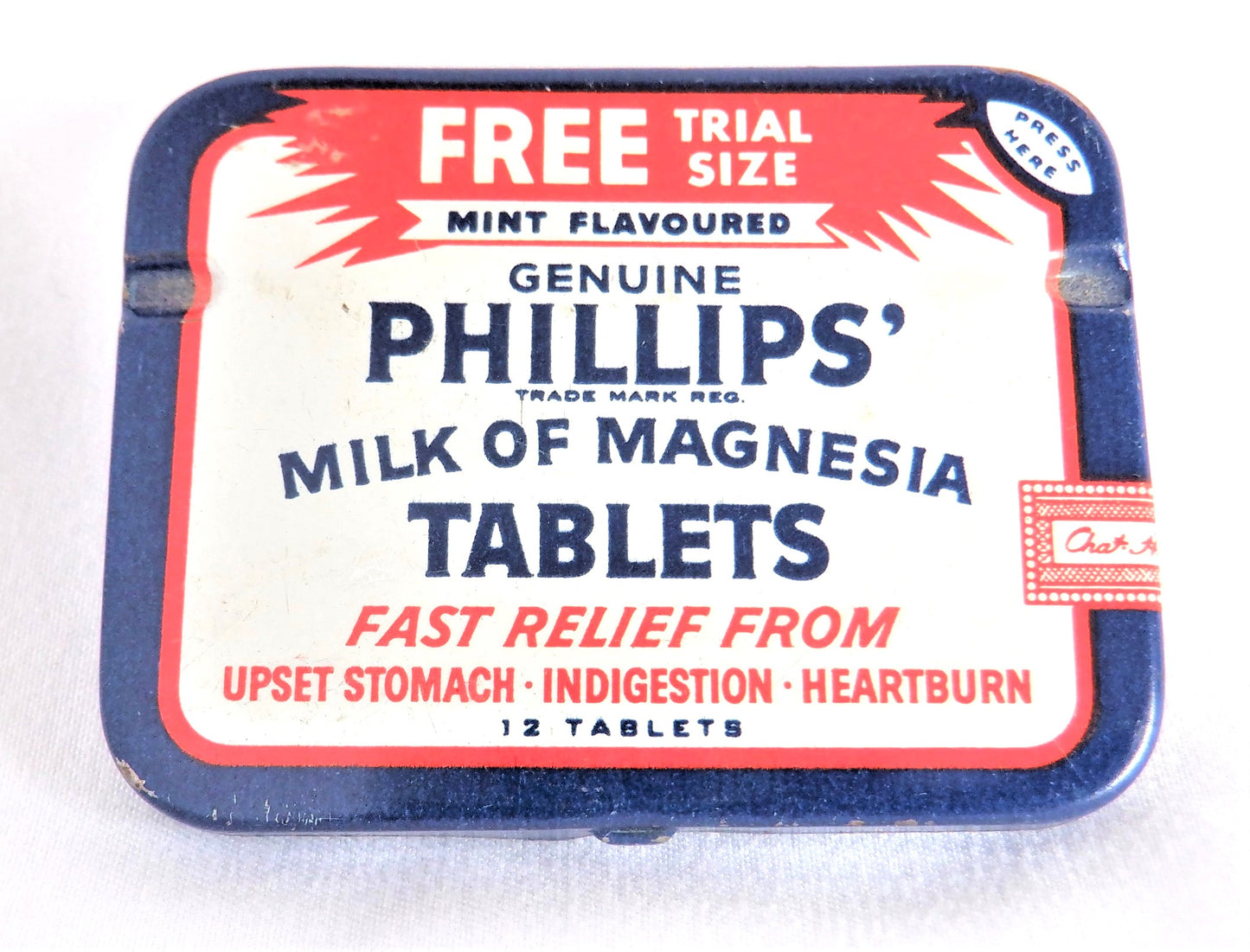 PHILLIPS MILK OF MAGNESIA TABLETS Vintage Tin Pocket Container, by Sterling Drugs, Windsor Ontario