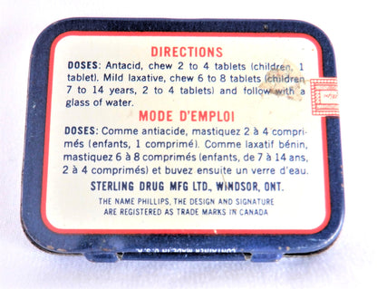 PHILLIPS MILK OF MAGNESIA TABLETS Vintage Tin Pocket Container, by Sterling Drugs, Windsor Ontario