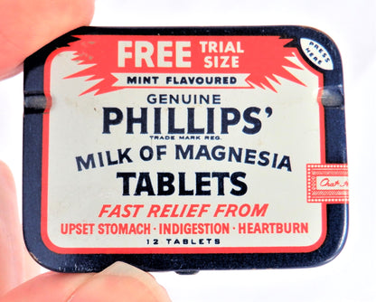 PHILLIPS MILK OF MAGNESIA TABLETS Vintage Tin Pocket Container, by Sterling Drugs, Windsor Ontario