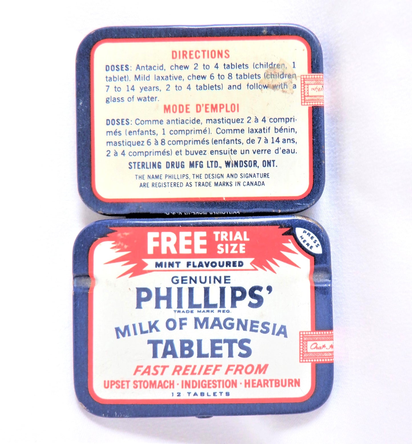 PHILLIPS MILK OF MAGNESIA TABLETS Vintage Tin Pocket Container, by Sterling Drugs, Windsor Ontario