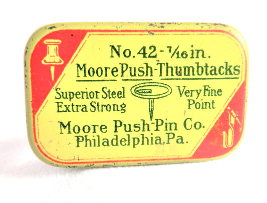 Antique Tin Container by The MOORE PUSH PIN CO. Philadelphia, PA., No. 42 Push-Thumbtacks