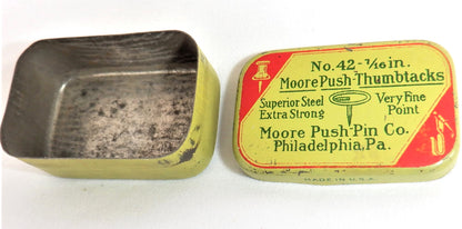 Antique Tin Container by The MOORE PUSH PIN CO. Philadelphia, PA., No. 42 Push-Thumbtacks