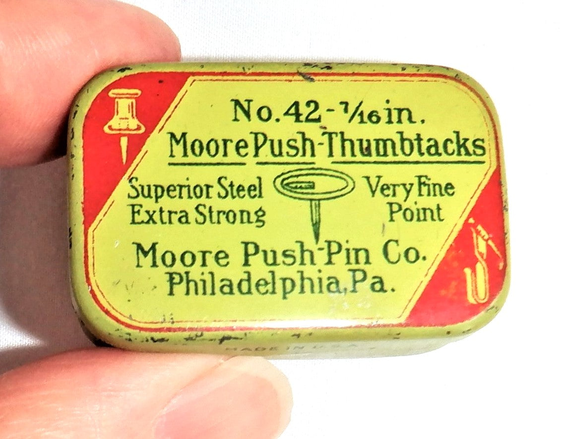 Antique Tin Container by The MOORE PUSH PIN CO. Philadelphia, PA., No. 42 Push-Thumbtacks