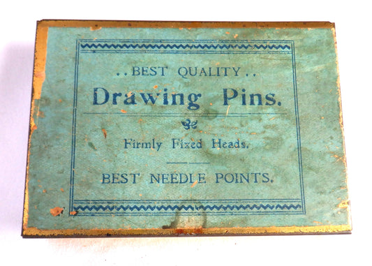 'BEST QUALITY DRAWING PINS': Antique Tin Container from Great Britain, with paper labels!