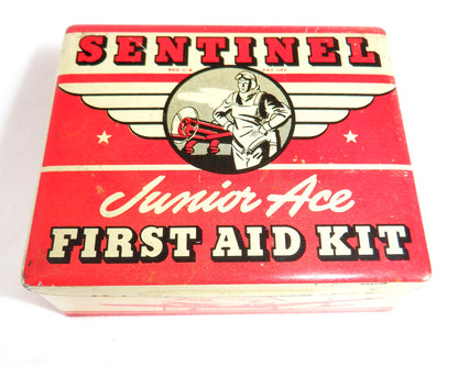 Antique American Tin With Full Contents: 1930's SENTINEL JUNIOR ACE FIRST AID KIT by Sentinel Products of Cleveland, Ohio