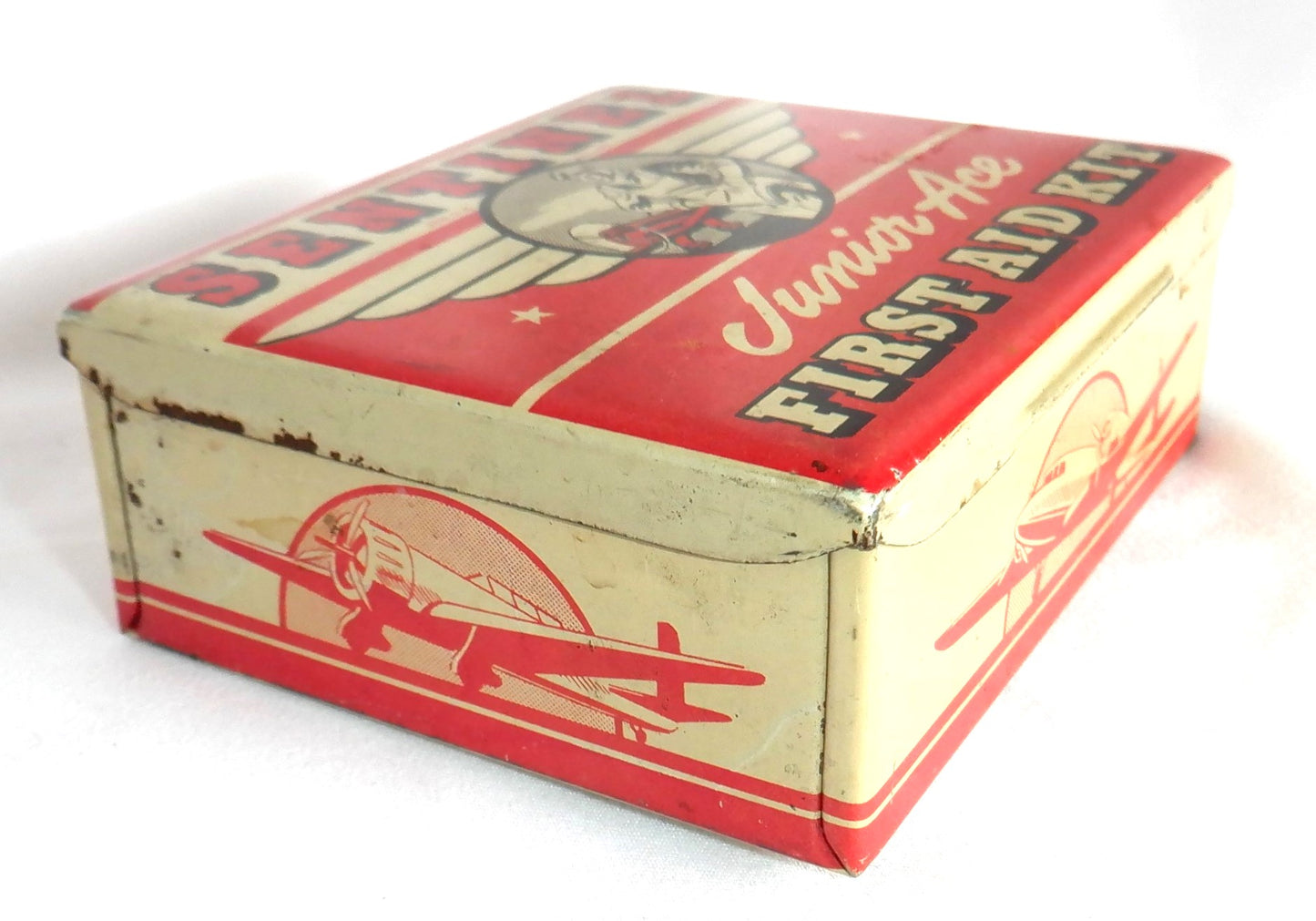 Antique American Tin With Full Contents: 1930's SENTINEL JUNIOR ACE FIRST AID KIT by Sentinel Products of Cleveland, Ohio