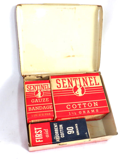 Antique American Tin With Full Contents: 1930's SENTINEL JUNIOR ACE FIRST AID KIT by Sentinel Products of Cleveland, Ohio