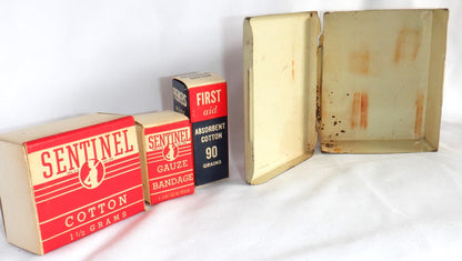 Antique American Tin With Full Contents: 1930's SENTINEL JUNIOR ACE FIRST AID KIT by Sentinel Products of Cleveland, Ohio