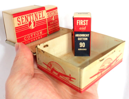 Antique American Tin With Full Contents: 1930's SENTINEL JUNIOR ACE FIRST AID KIT by Sentinel Products of Cleveland, Ohio