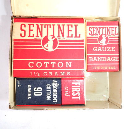 Antique American Tin With Full Contents: 1930's SENTINEL JUNIOR ACE FIRST AID KIT by Sentinel Products of Cleveland, Ohio