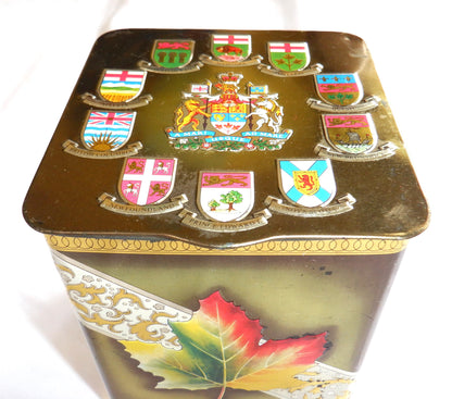 CANADIAN PROVINCES TEA CADDY VINTAGE TIN CAN W/ GOLD HINGED LID