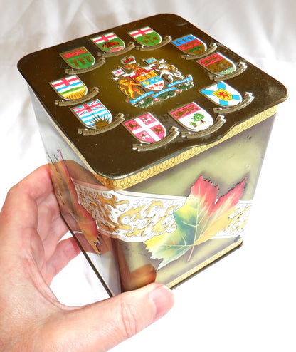 CANADIAN PROVINCES TEA CADDY VINTAGE TIN CAN W/ GOLD HINGED LID