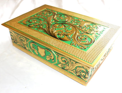 BLUE BIRD VINTAGE 1960's TIN CONTAINER: Gold & Green Removable Top Ornate Chest