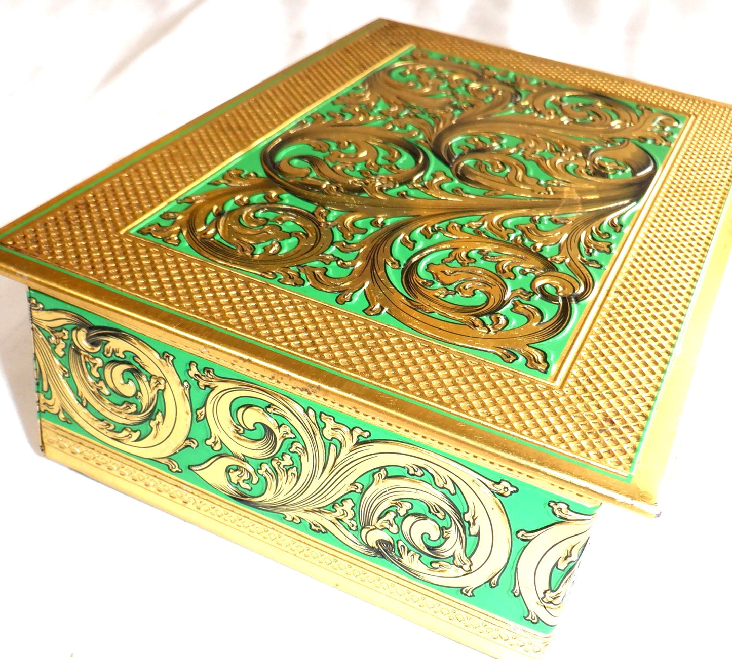 BLUE BIRD VINTAGE 1960's TIN CONTAINER: Gold & Green Removable Top Ornate Chest