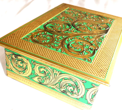 BLUE BIRD VINTAGE 1960's TIN CONTAINER: Gold & Green Removable Top Ornate Chest