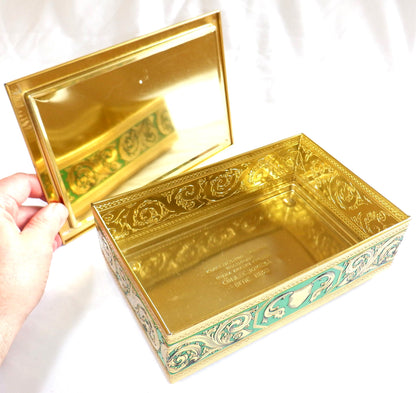 BLUE BIRD VINTAGE 1960's TIN CONTAINER: Gold & Green Removable Top Ornate Chest