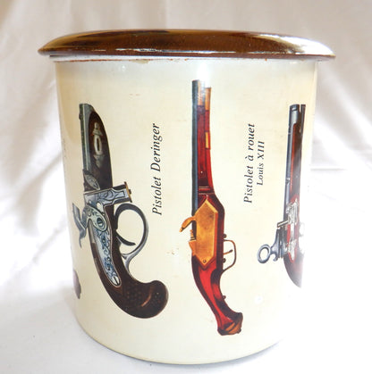 RARE Vintage Tin Can Tobacciana Humidor: 'PISTOLET, THE OLD GUN COLLECTION', MADE IN FRANCE