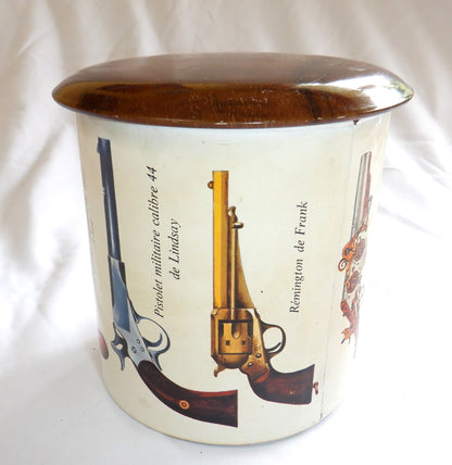 RARE Vintage Tin Can Tobacciana Humidor: 'PISTOLET, THE OLD GUN COLLECTION', MADE IN FRANCE