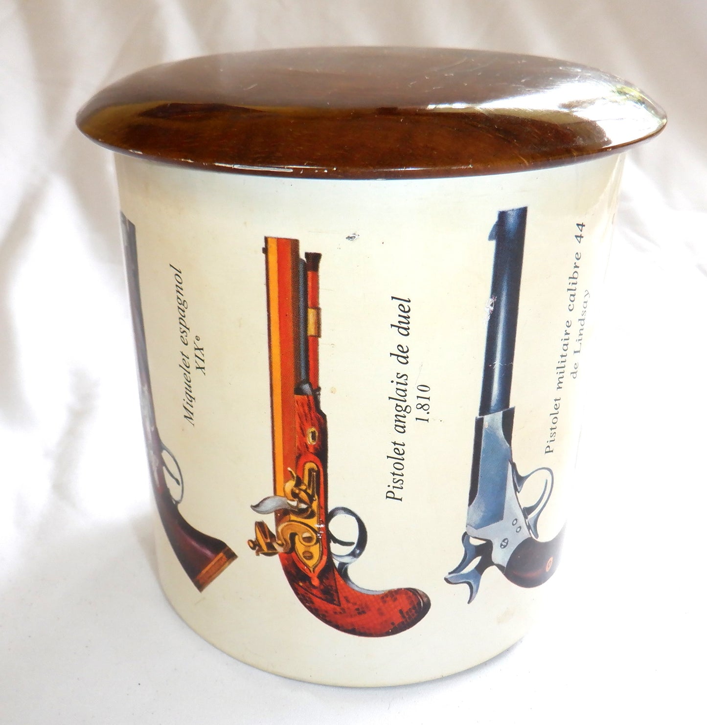 RARE Vintage Tin Can Tobacciana Humidor: 'PISTOLET, THE OLD GUN COLLECTION', MADE IN FRANCE