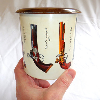 RARE Vintage Tin Can Tobacciana Humidor: 'PISTOLET, THE OLD GUN COLLECTION', MADE IN FRANCE