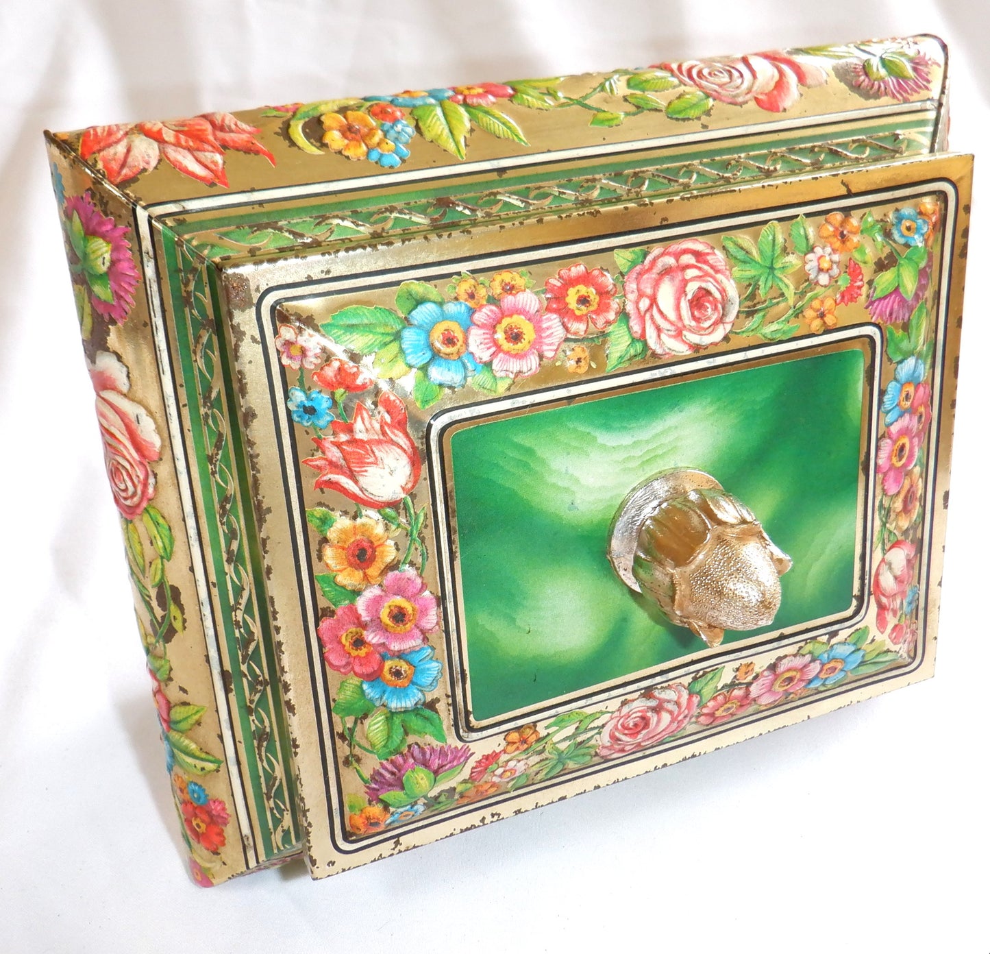 BLUE BIRD VINTAGE TIN, Confectionery by Harry Vincent Limited: MARBLED GREEN w/ Roses #2