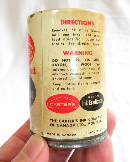 Vintage Tin Container by Carter's Ink Company USA: 'CARTER'S RYTOFF INK ERADICATOR', MADE IN CANADA